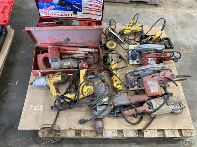 Pallet of electric power tools including milwaukee hammer drill, reciprocating saw, angle grinder, circular saws, drills, dewalt grinders, drive and impact